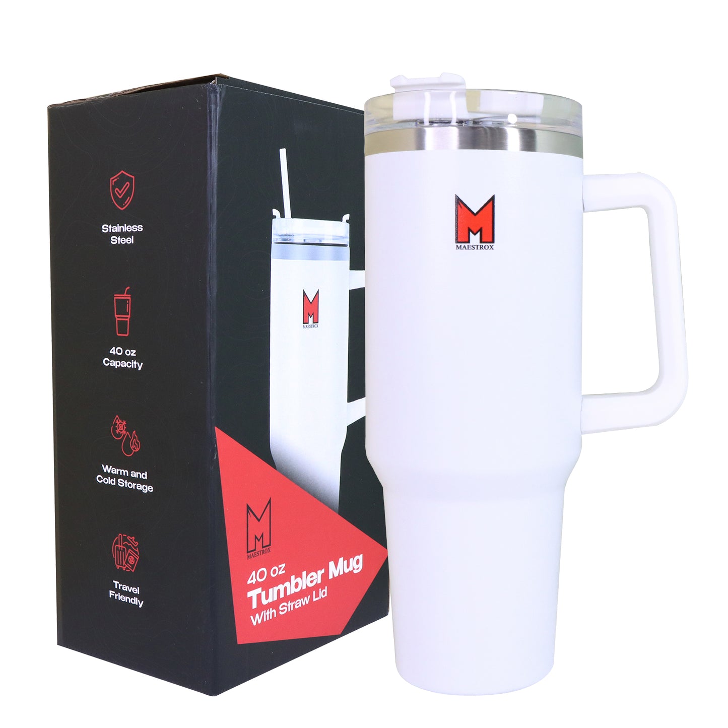Maestrox 40oz Tumbler Cup With Handle And Straw Lid, Stainless Steel Travel Mug, Double Wall Vacuum Insulated Coffee Mug, Travel Bottle For Hot & Cold Drinks