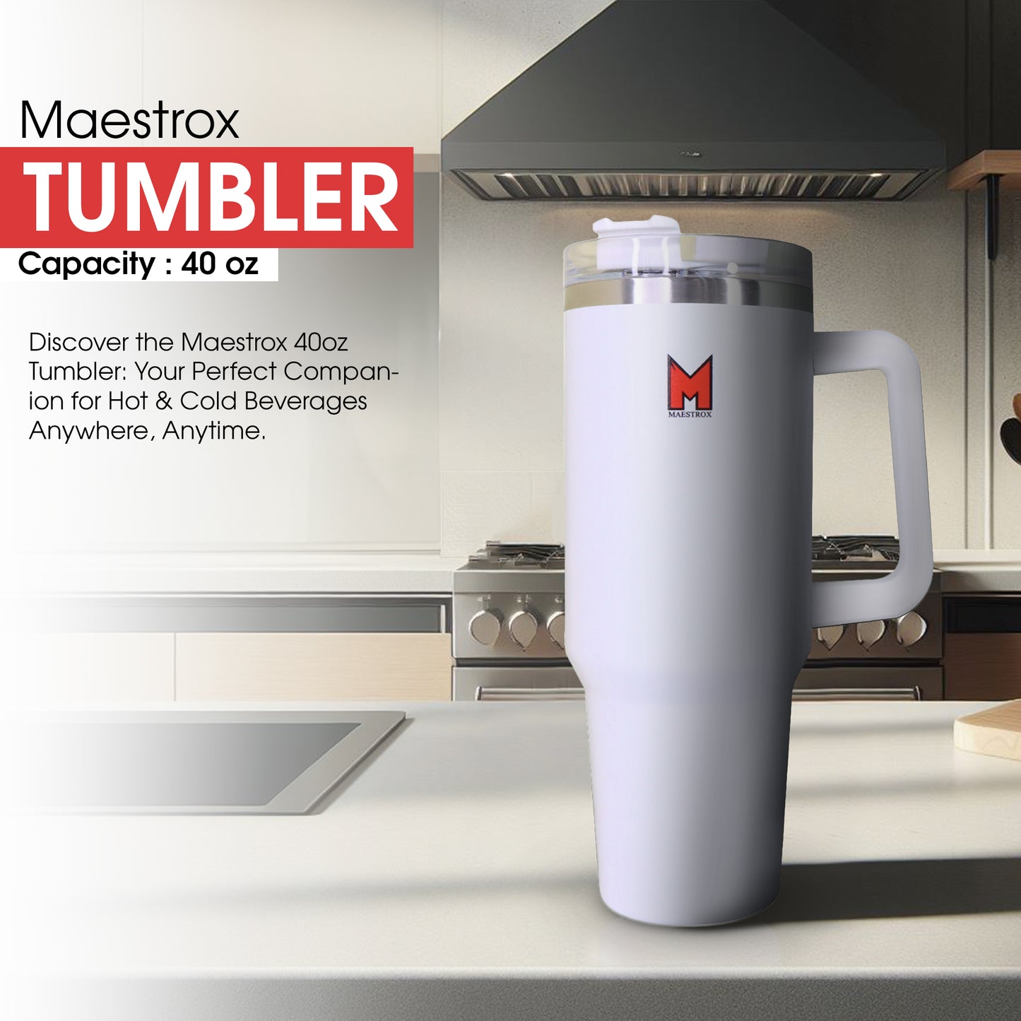 Maestrox 40oz Tumbler Cup With Handle And Straw Lid, Stainless Steel Travel Mug, Double Wall Vacuum Insulated Coffee Mug, Travel Bottle For Hot & Cold Drinks