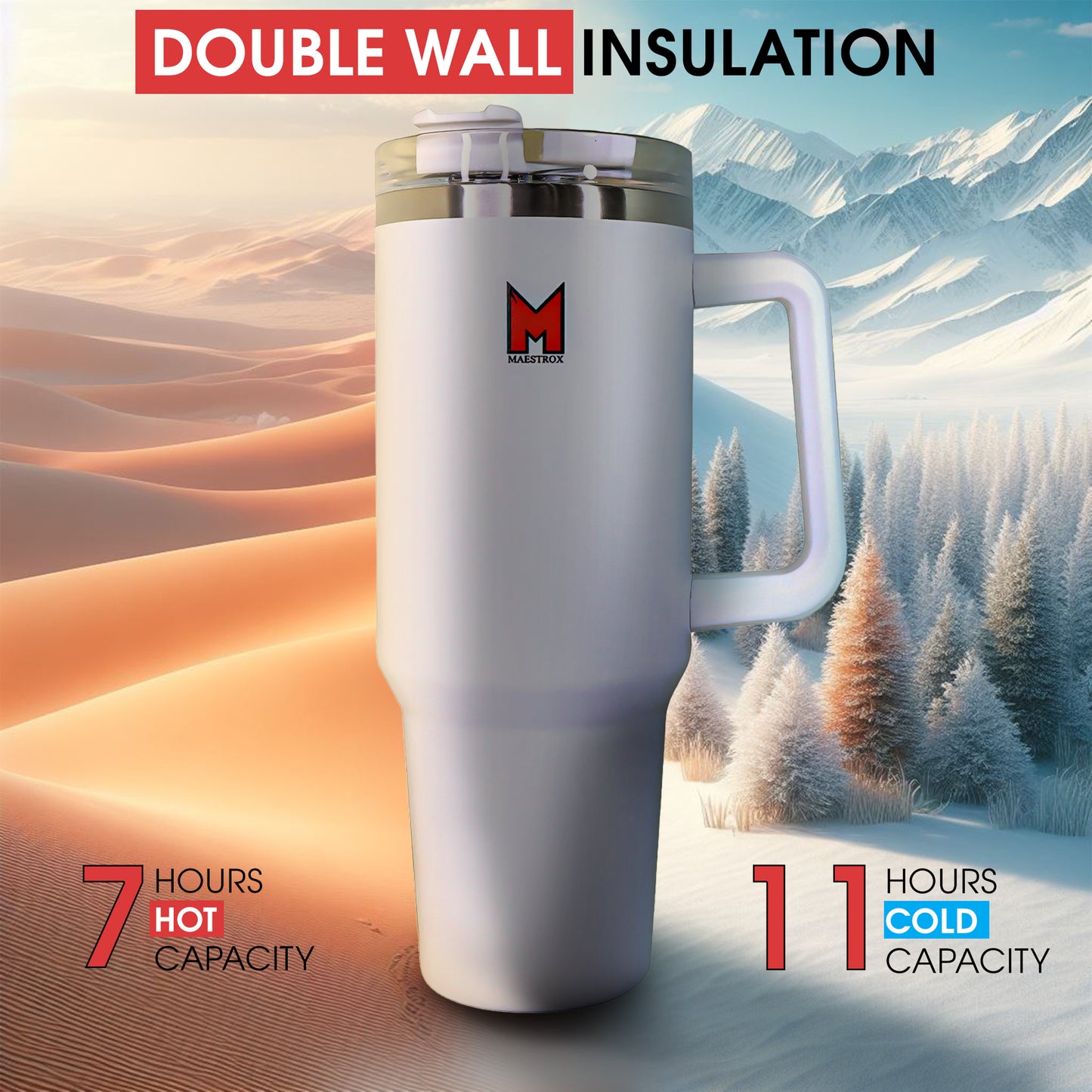 Maestrox 40oz Tumbler Cup With Handle And Straw Lid, Stainless Steel Travel Mug, Double Wall Vacuum Insulated Coffee Mug, Travel Bottle For Hot & Cold Drinks